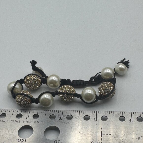 Elegant Adjustable Pearl & Rhinestone Bracelet With Black Cord - Picture 4 of 4